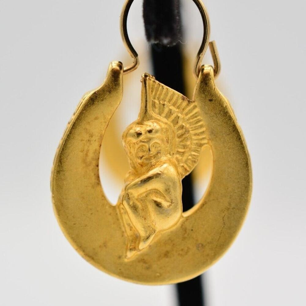 Givenchy Vintage Angel Earrings Brushed Gold G Logo Dangle Signed 1980s BinAS